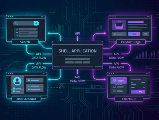 micro-frontend architecture illustration showing modular website components connected to a central shell application | Basecode