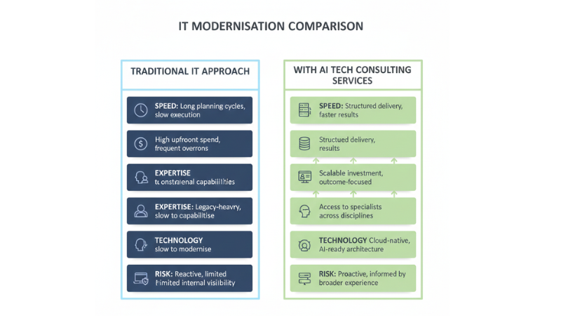 Traditional Approach vs. Working With a Consulting Partner Comparison Chart | Tech consulting services Basecode