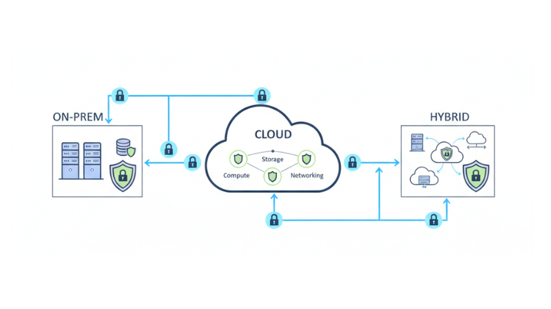 Hybrid cloud consulting architecture illustrating secure data migration between on-prem and cloud systems | Tech consulting services Basecode