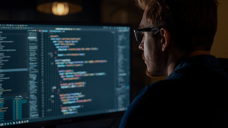 A developer reviewing code on a monitor | Basecode