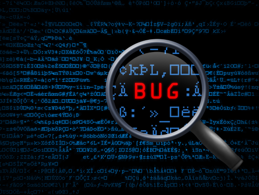 A Magnifying glass highlighting the word "Bug" on a computer code screen, representing software defects, debugging, and project challenges in software development.